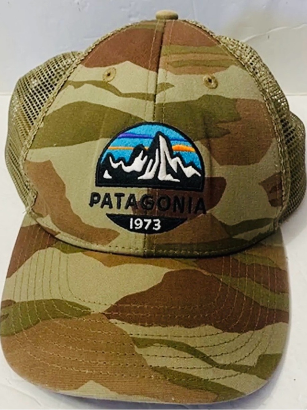 #1816: Unisex’s Patagonia Camo Trucker Hat with Multi-Color Mountain Patch - Picture 1 of 12